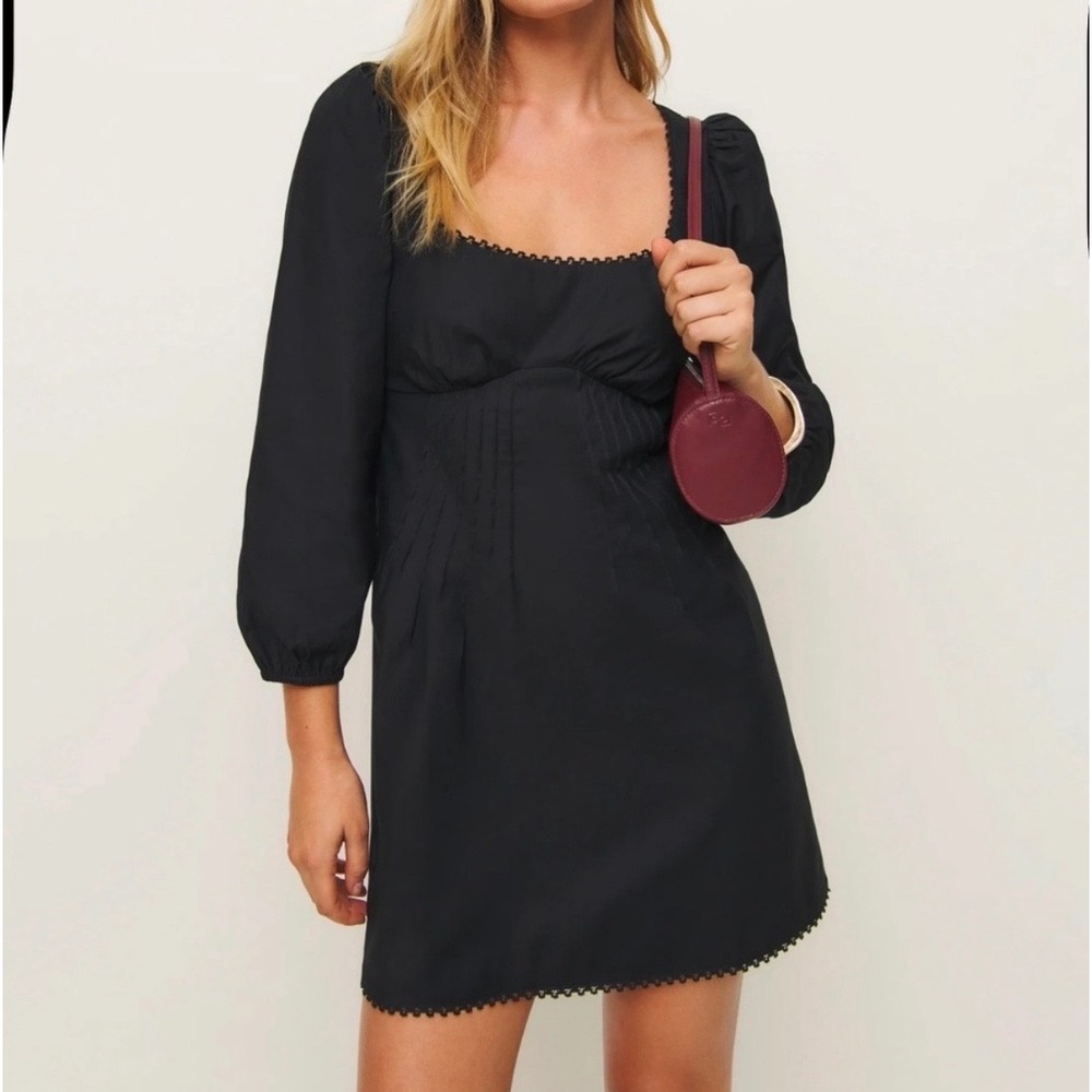 Reformation Miata Black Organic Cotton Pintuck Lace Trim Mini Dress Size M